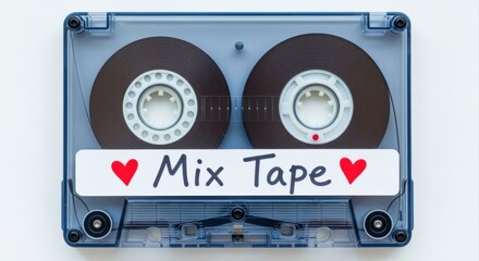 Retro Cassette Tape Mixtape with Heart Graphics on White Background for Valentine's Day