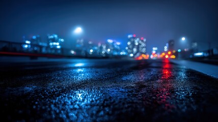 Night Cityscape Reflection on Wet Pavement: Urban Lights and Modern Architecture