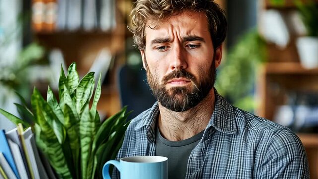 A young man with a Beard carries a box of personal items, including a plant and mug, after being fired from his job at the office