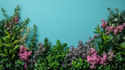 Vibrant border arrangement of lush green foliage and clusters of pink and white spring blossoms set against textured bright cyan background, offering copy space for design