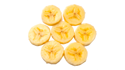 Slices of banana arranged in a circular pattern on a transparent background showing the fruit in fresh state