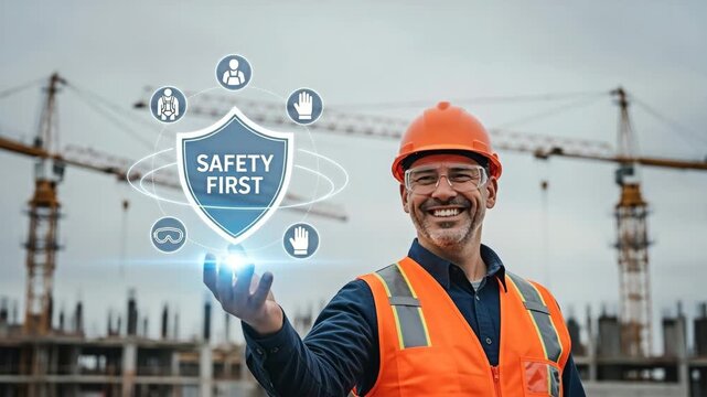 Safety first concept represented by a construction worker with an illustrative interface.