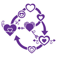 Purple hearts and arrows design symbolizing love and relationships in a circular pattern