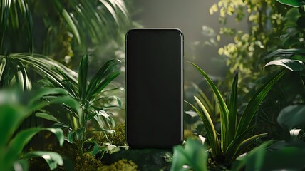 Smartphone mockup in lush green tropical foliage against natural jungle background with copy space