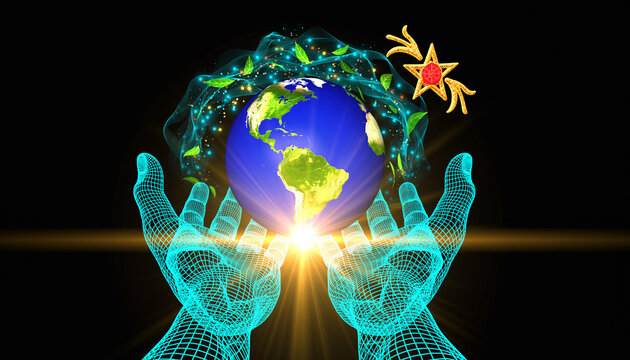 Hands cradling a glowing blue and green Earth with stars surrounded by a wireframe aura against a dark background