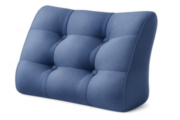 Blue tufted wedge pillow providing back support and comfort for reading or relaxation, upholstered furniture item with transparent background