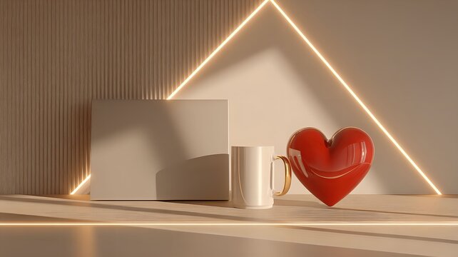 White coffee mug and red heart decoration joyfully arranged for Valentine's Day against a modern office backdrop with copy space - Powered by Adobe