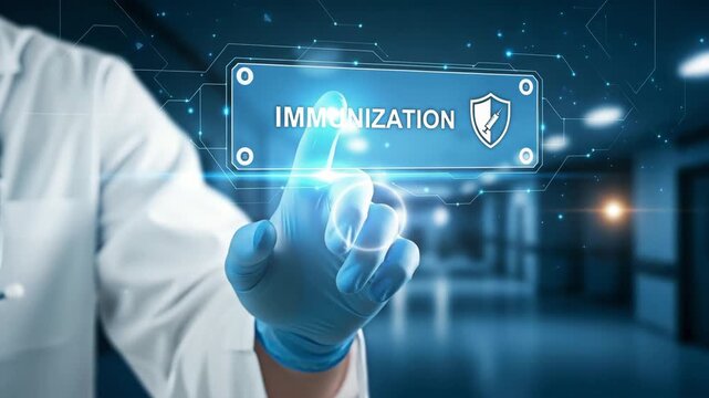 A medical professional interacting with a virtual immunization interface.
