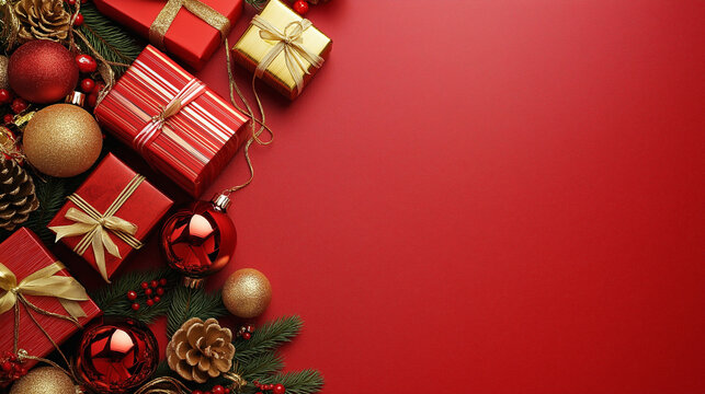 Elegant arrangement of festive holiday gifts and ornaments in rich blue and gold tones with copy space, ai generated