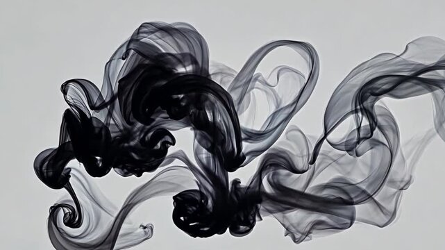Mesmerizing movements of black smoke as it twirls and flows seamlessly against a light backdrop