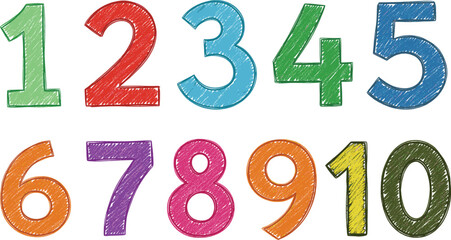 Hand drawn colorful numbers from one to ten with crayon texture for children education school learning and preschool mathematical counting concept. © MstLinaAkter