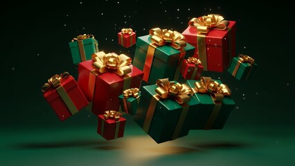 Gift Boxes Floating with Golden Ribbons on Dark