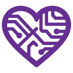Purple heartshaped icon with intricate circuit design symbolizing technology and emotion