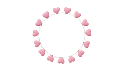 Pink heart shaped balloons tied to string in circular garland isolated on transparent background