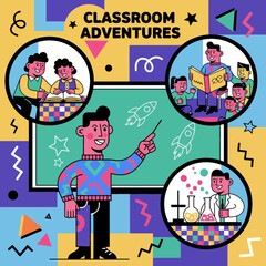 Obraz premium Classroom Adventures Teacher and Students Learning Science Retro Vector.