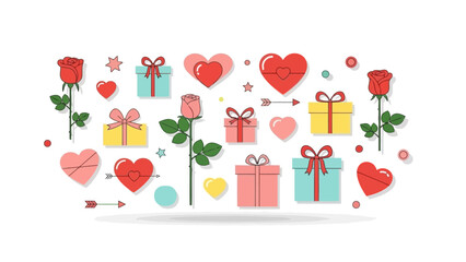Valentine's Day celebration with gifts, roses, hearts, and love symbols floating.
