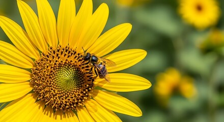 Obraz premium Bee on bright sunflower.