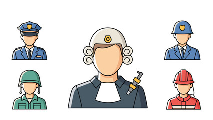Set of public service profession avatars, including a judge, police officer, soldier, firefighter, and security guard icons.