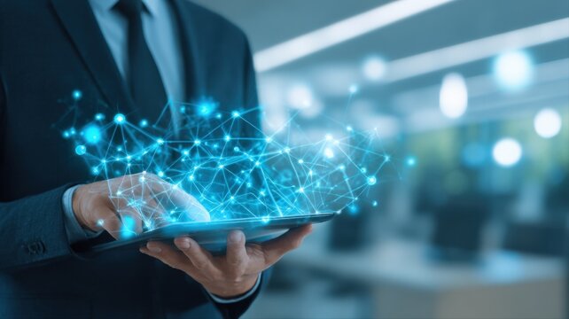 Professional man working with futuristic digital technology on a tablet, highlighting connectivity and modern innovation - Powered by Adobe