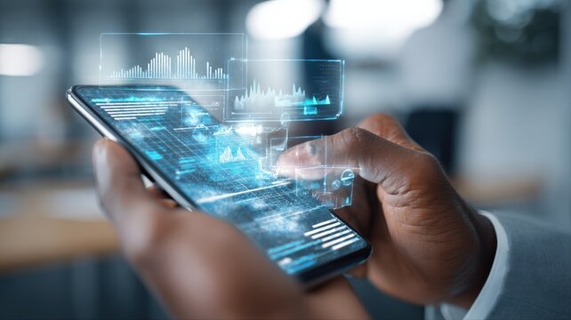 Mobile Data Analysis: Man Interacting with Holographic Financial Data on Smartphone, Representing Advanced Analytics and Business Intelligence - Powered by Adobe