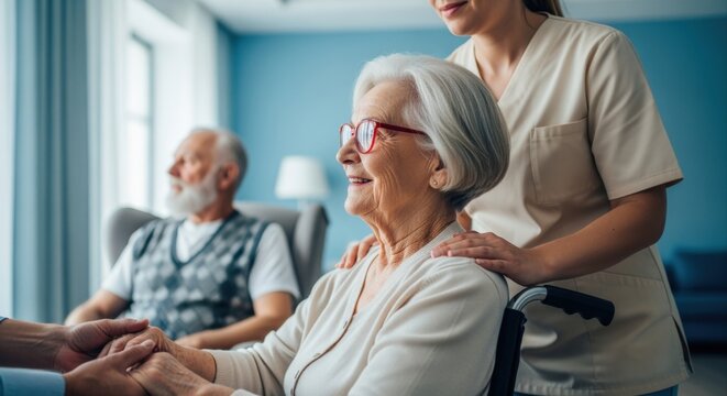 Caring Nurse Comforting Senior Woman in Wheelchair with Assisted Living Facility Residents Enjoying Support and Companionship - Powered by Adobe