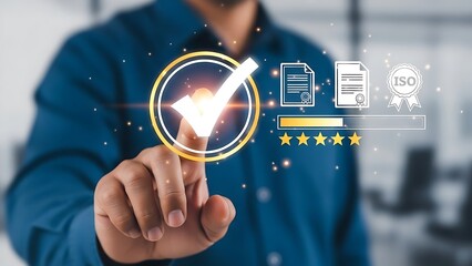 Person selecting a glowing check mark icon among ISO certification and quality standard symbols
