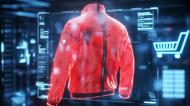 A hologram of a red jacket is presented in a modern store, demonstrating innovative shopping technology and immersive retail experiences
