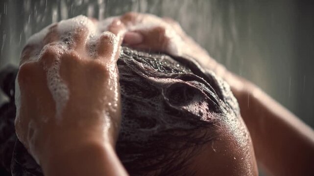 Close-up of hands massaging anti-dandruff shampoo into hair