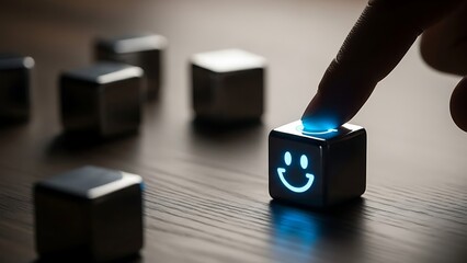 Close up of a finger pressing a glowing blue smiley face icon on a metallic button for customer service