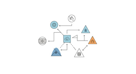 Abstract graphic design with gear icons, star shape, and curved lines in pastel blue and gray tones, on a white background.