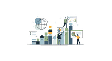 Abstract illustration of a globe with arrows, charts, and data visualization elements in a minimalist, modern style on a white background