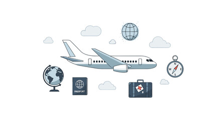 Airplane, Globe, Passport, and Clouds Illustration in a Minimalist Style with Blue and White Color Palette, Representing Travel