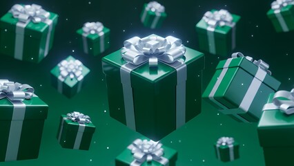 Floating Green Gift Boxes with Silver Ribbons