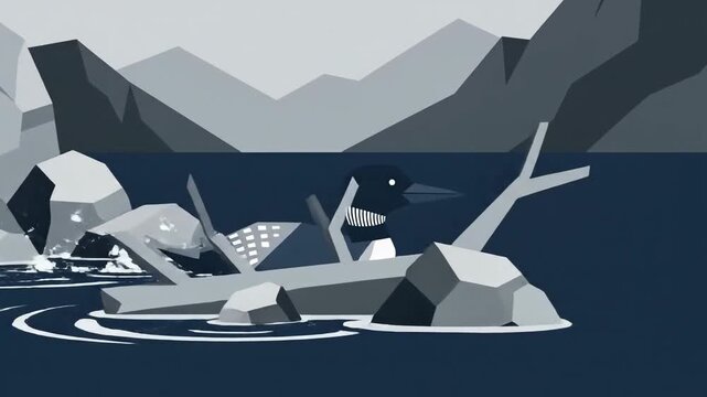 Loon Swimming Animated Video Displaying Serene Waterscapes And Rocky Mountainscapes Animated