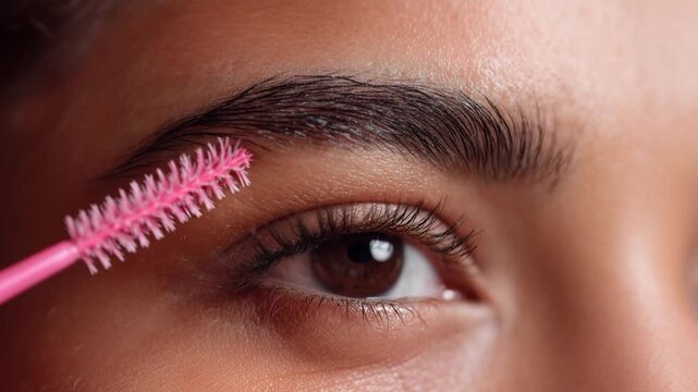 Close-up of a woman applying eyebrow gel with a pink spoolie brush