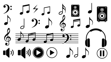 Obraz premium Collection of Music Notes, Audio Player Controls, Headphones, and Speaker Icons, isolated white background