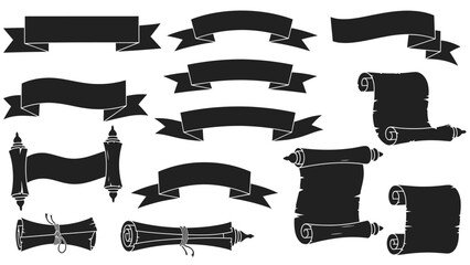 Diverse Set of Black Banners and Ribbons Collection, Vintage Scrolls and Decorative Elements, isolated white background