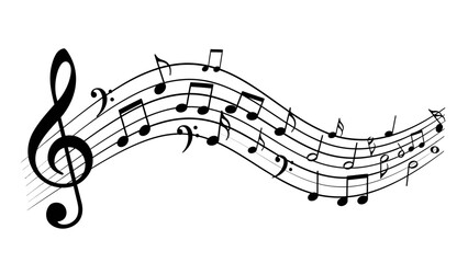 Flowing Musical Notes on a Treble Clef Staff, Dynamic Sound and Melody Design, isolated white background