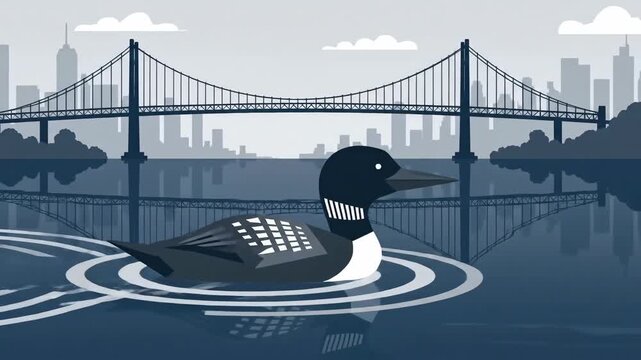 Loon Swimming In A Calm Lake With A Cityscape And Bridge Backdrop Animation