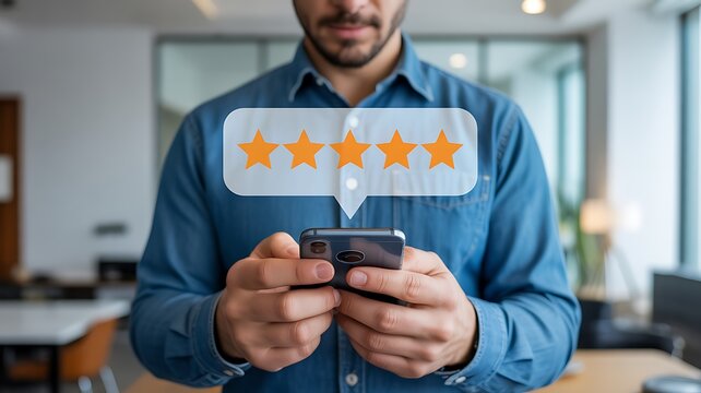 Person Holding Mobile Phone Showing Five Star Positive Rating for Online Business Review - Powered by Adobe