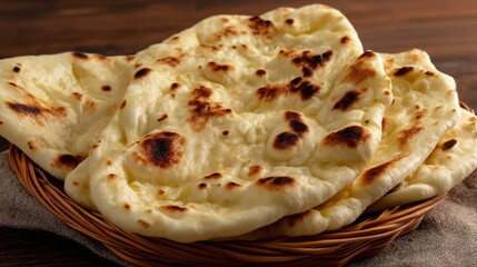 Fluffy Homemade Indian Naan Bread with Butter and Garlic &ndash; Traditional Flatbread Pairing with Curry and Tandoori Dishes Food Photography