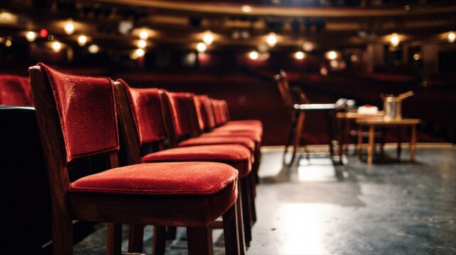 Theater Seating Rows with Plush Red Velvet Chairs and Stage Ready for a Performance
