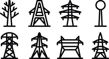 Set of black line icons of power lines and towers and industrial structures and tree and airplane and satellite dish