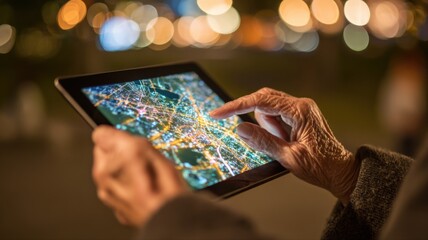 Senior woman using a tablet displaying a city map at night, illuminated by bokeh lights
