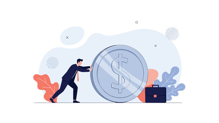 Businessman in a suit making a great effort to push a giant silver dollar coin, symbolizing financial growth and hard work.
