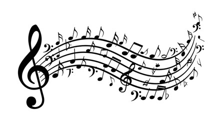 Dynamic Wavy Musical Staff with Notes and Treble Clef, Expressing Flowing Melody on Isolated White Background
