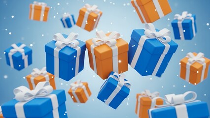 Gift Boxes Falling with Snowflakes on Blue Background