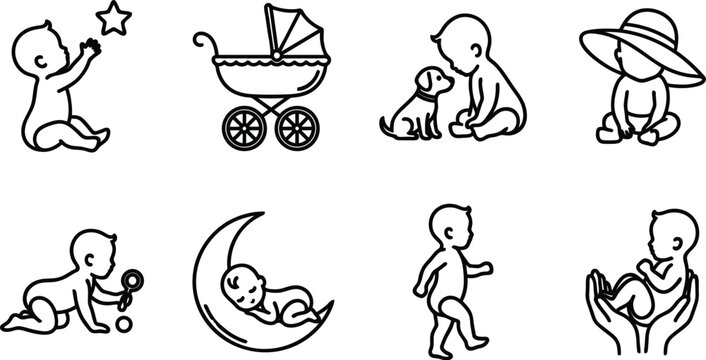 Set of cute baby line art illustrations with different activities and objects  baby and dog  baby in stroller
