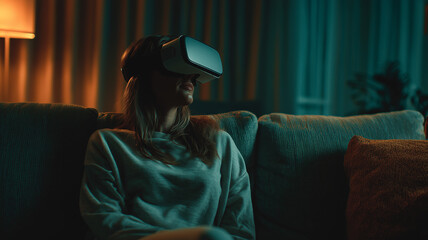 Woman Using Virtual Reality Headset At Home
