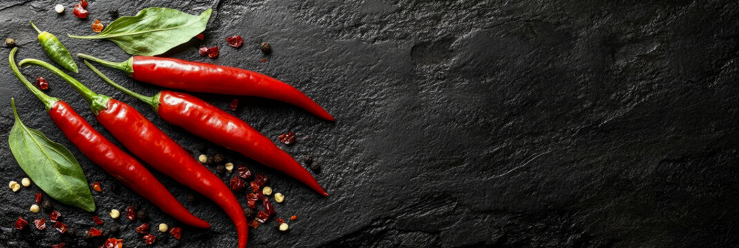 Vibrant red chili peppers, fresh green leaves, and assorted peppercorns artfully arranged on dark textured slate background, creating fiery culinary backdrop with ample copy space.